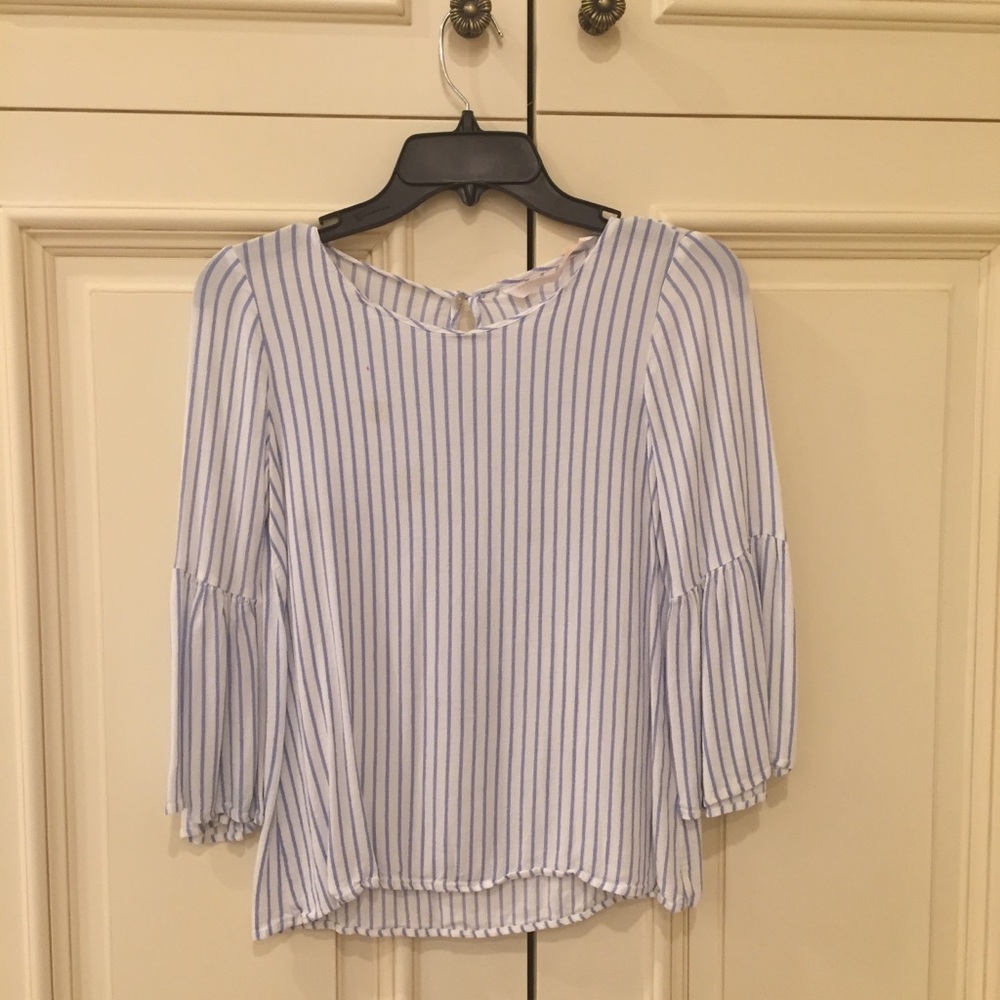 ZARA TRF Blue and White Striped bell sleeve blouse